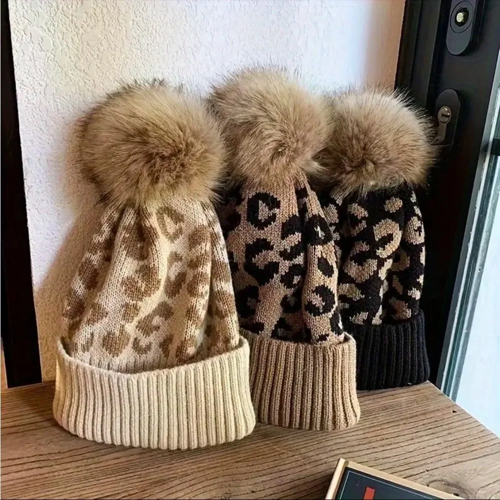 Leopard Print Pom Pom Beanie Knit Winter Hat Neutral Cozy Chic StyleNWT